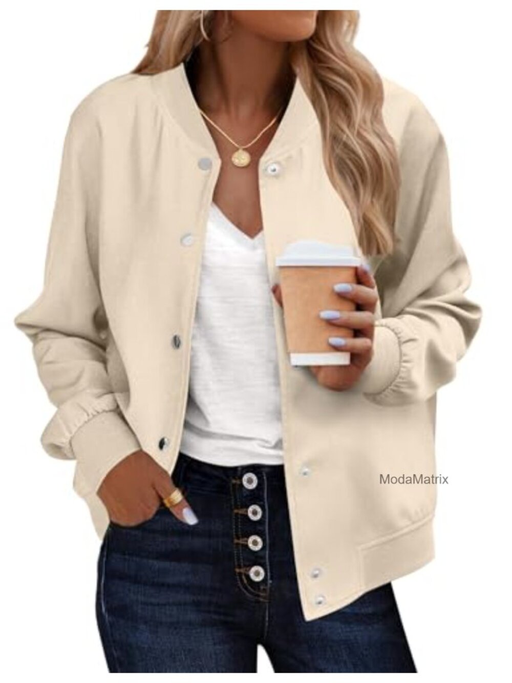 Women's Bomber Jacket Casual Varsity Snap Button with Pockets